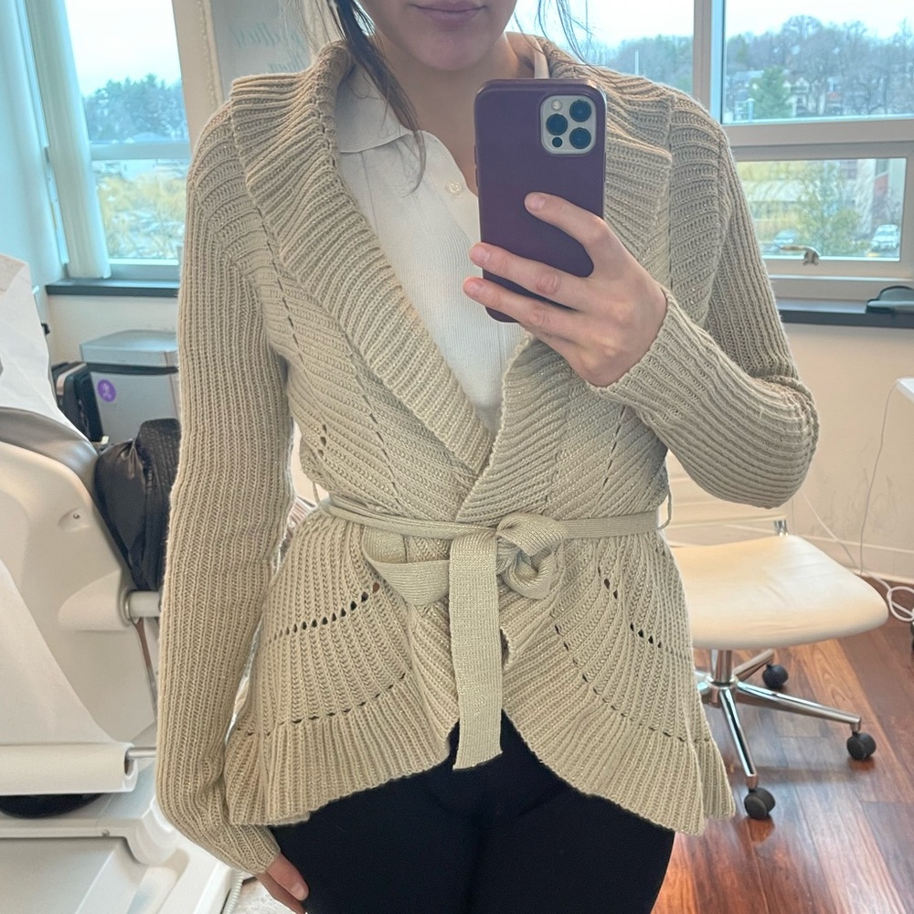 bebe Open-Front Belted Knit Cardigan - Light Beige - Picture 8 of 10